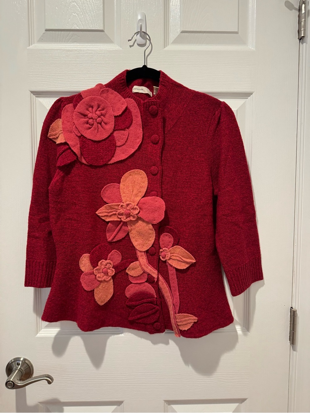 Anthropologie Sleeping on Snow Red Floral Appliqué Cardigan Sweater